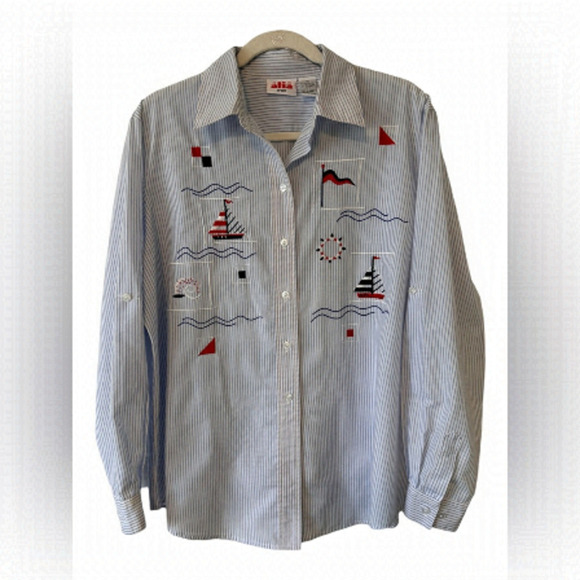 Alia Sport Nautical Boats & Stripes Vintage Button Down Blouse - Size Medium - Picture 1 of 9